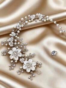 1pc Handcrafted Pearl Flower & Rhinestone Bridal Hair Band, Wedding Headpiece Accessory For Women,Summer,Beach - 63141 - View 2