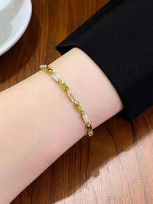 1 chiếc vòng tay vuông màu xanh lá cây kiểu Pháp cổ điển thanh lịch với đá Zirconia, phụ kiện nhiều lớp tinh tế phù hợp cho phụ nữ đeo hàng ngày, đi chơi, hẹn hò hoặc đi nghỉ mát. - Vàng - Xem 5