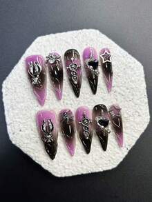 10 móng tay giả phong cách Y2K Halloween Punk tối màu, hình thỏ và nhện dễ thương & cá tính, có thể tái sử dụng (1 tờ dán + 1 dũa móng) - Màu tím - Xem 13