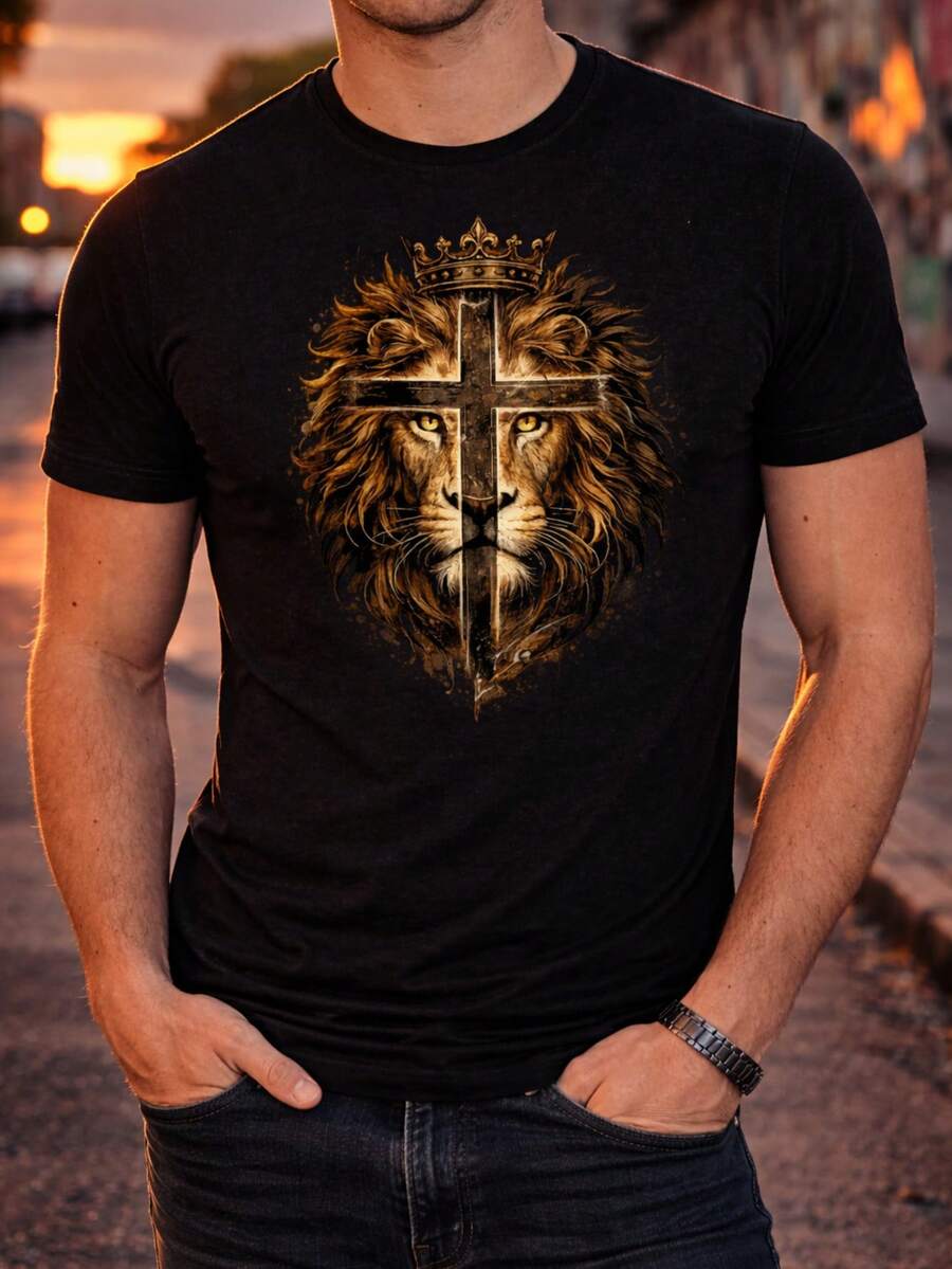 Lion Of Judah T-Shirt With Cross - Faith And Strength - Unisex - 100% Cotton - Premium DTF Print - màu đen - Xem 1
