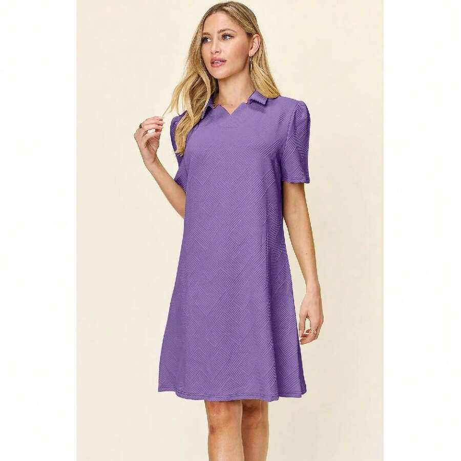 Double Take Full Size Texture Collared Neck Short Sleeve Dress - Violet Purple - View 1