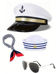 Halloween Matrosen Hut Unisex, inklusive Kopftuch, Kostümspiel und sexy Dekorationen, mit weißem Matrosenhut, blau gestreiftem Matrosenhut und Yacht Party Cosplay Kapitänshut, Sommer, Strand, Urlaub, Festival, Reise - Verschiedenfarbig - Übersicht 7