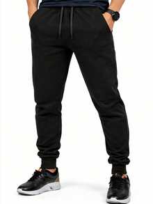 Men's Fleece Sweatpants With Cotton Lining, Cuffs, Pockets, Elastic Waistband With Adjustable Drawstring. - màu đen - Xem 3