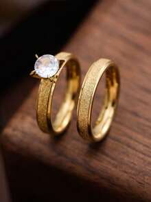 1 Pair Stainless Steel Rings, European And American Fashion Couple Rings, Matte Stainless Steel Inlaid Wedding Rings, Valentine's Day Gift - Yellow Gold - View 3