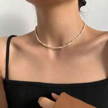 Natural Freshwater Pearl Necklace For Women, Fashionable Baroque Collarbone Chain, Niche Design, 14K Gold-Plated Choker, Sweater Chain - 8-巴洛克珍珠中號 - 查看 12