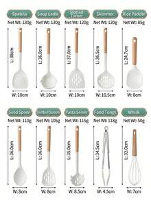 10-In-1 Silicone Kitchen Utensil Set With Wooden Handles, Heat Resistant Up To 300°C, Non-Stick, Suitable For Induction Cooktop, Dishwasher , Includes Spatula, Turner, Ladle, Pasta Server, Rice Paddle, Slotted Spoon, Soup Spoon, And More - Multicolor - View 6