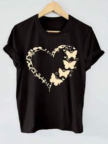 Camiseta de Mujer Moderna con Estampado Gráfico de Mariposa y Corazón en Negro| Camiseta Casual de Manga Corta con Cuello Redondo y Diseño Dorado, Lavable a Máquina para Todas las Temporadas, Ropa Versátil, Material Cómodo, para Entusiastas del Estilo - Negro - Ver 1