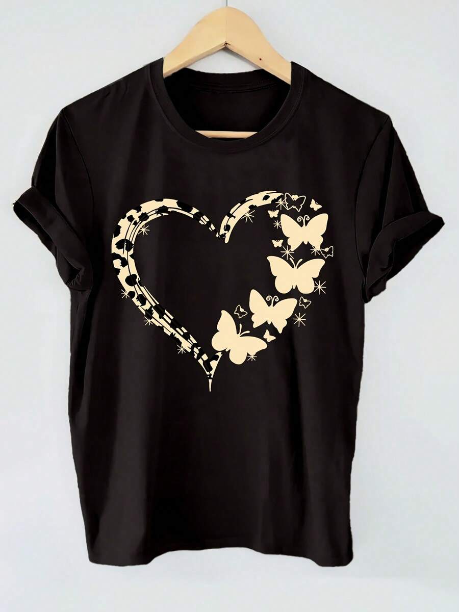Camiseta de Mujer Moderna con Estampado Gráfico de Mariposa y Corazón en Negro| Camiseta Casual de Manga Corta con Cuello Redondo y Diseño Dorado, Lavable a Máquina para Todas las Temporadas, Ropa Versátil, Material Cómodo, para Entusiastas del Estilo - Negro - Ver 1