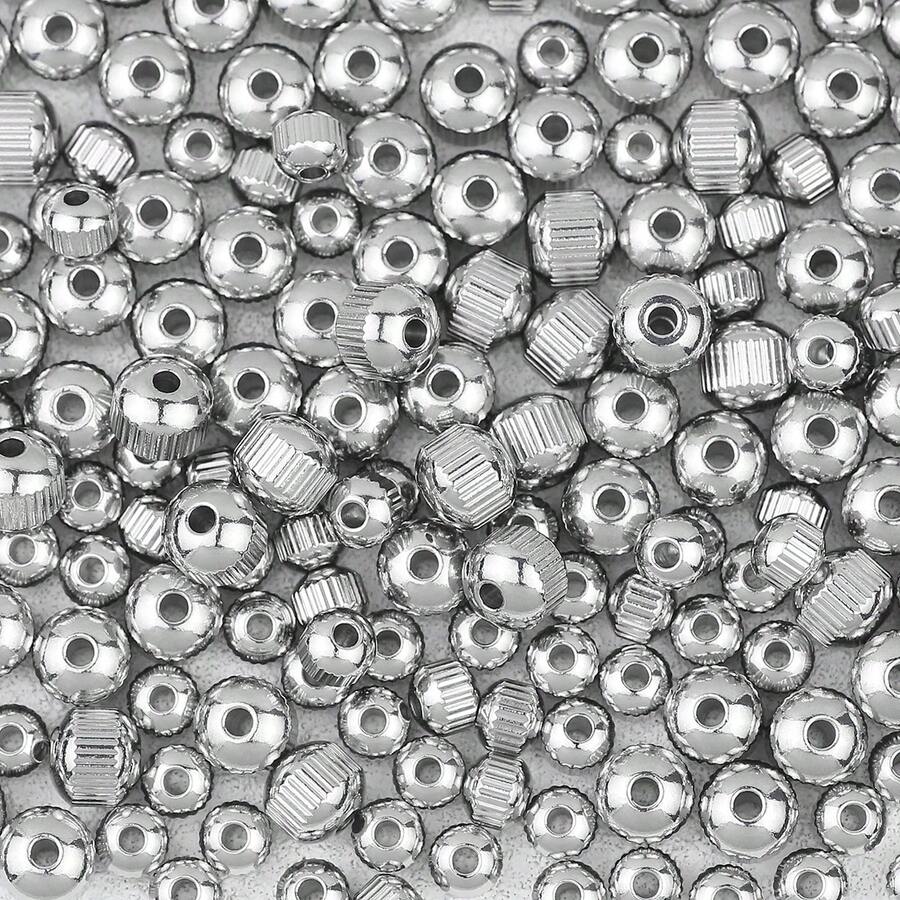30-200 piezas Cuentas redondas de acero inoxidable, cuentas sueltas para hacer pulseras, collares, aretes, cuentas redondas pequeñas de precisión, con patrón de malla