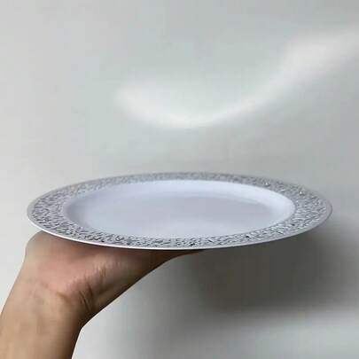 Bandeja plateada, base blanca con diseño de encaje de borde plateado/dorado, plato de postre elegante, plato para pastel, tamaño de 7.5 pulgadas/10.25 pulgadas, adecuado para actividades de equipo, fiesta de graduación, fiesta de cumpleaños, temporada de bodas y cenas festivas