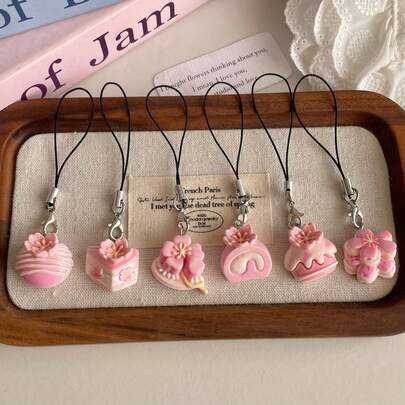 6pcs Soft Pink Sakura Cake Resin Pendant Phone Lanyard, Cute Phone Charm, Suitable For Phone, Camera, Backpack Decoration, Gift For Girlfriend, Best Friend