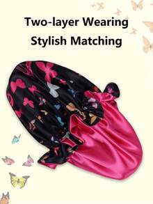 1pc Satin Butterfly Print Sleep Cap, Suitable For Wigs Straight/Curly Hair, Adjustable Pleated Double Layer Non-Slip Satin Sleep Cap, Hair Care - 60 Lace Hat - View 7