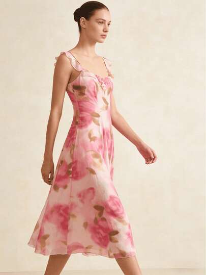 ELYRADIA Women's Casual Elegant Party Dress, Stylish Slimming Pink Floral Print Cami Midi Beach Dress