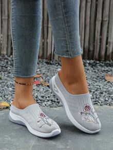 3D Embroidered Mesh Women's Slippers, Suitable For Indoor And Outdoor Wear, Breathable Comfortable Casual Shoes For Mothers - Grey - View 5