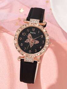 2件套简约休闲女士石英表，女士甜美梦幻风格蝴蝶石英表套装，包括黑色皮表带玫瑰金表壳蝴蝶图案女士石英表。 - 黑色 - 查看 2
