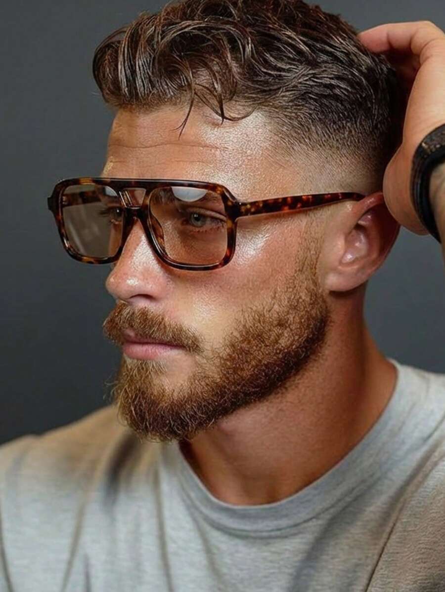 1 par de gafas de moda con montura cuadrada de té y puente doble de PC retro personalizadas para hombres - Multicolor - Ver 1