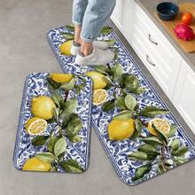 1pc/2pcs/3pcs Non-Slip Kitchen Floor Mat With In Vintage Lemon Floral Print, 0.47" Cushioned Anti-Fatigue, Soft Flannel Surface With Oil Proof And Stain Resistant,For Home Kitchen,Bathroom,Living Room,Bedroom Indoor Decor USE,Machine Washable - 彩色 - 查看 4