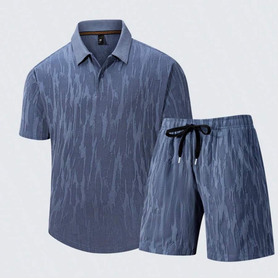 Men's Textured Knit Polo Two-Piece Set: Short-Sleeved Button-Front Polo Shirt And Elastic Waist Shorts - Màu xanh lam - Xem 1