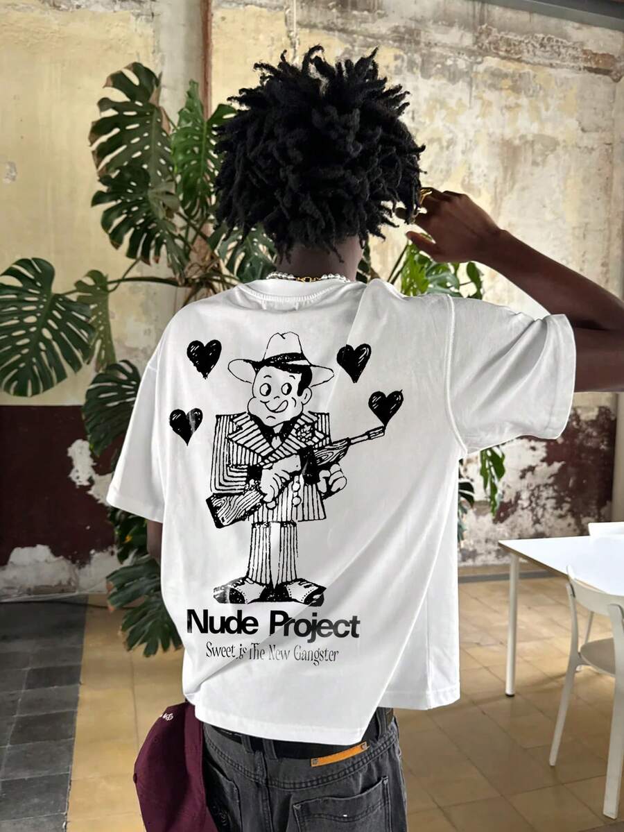 INFLATION Camiseta de manga corta con estampado de dibujos animados de moda urbana para hombres en verano - Blanco - Ver 1