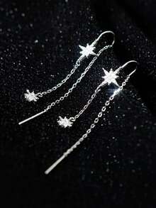 1对S925纯银奢华精致八角星流苏吊坠耳环，闪亮设计，简约清新优雅长款耳环，适合女孩佩戴，高端珠宝配饰 - 星星 - 查看 1