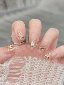 10pcs/Set Press On Manicure, Gilded Pleated Blush, Glitter, Piled Up Rhinestones, Cat's Eye, Hand Painted Leopard Print, Gilded Temperament Handcrafted Wearable Nails - Multicolor - View 3