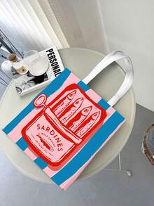 1件装女士可重复使用手提袋、手提包和化妆包套装 - 色彩缤纷的简约粉绿条纹沙丁鱼罐头印花涤纶购物袋，固定肩带设计，适合海滩、野餐、购物和食品收纳，可折叠手提袋，多功能，多用途，大容量，轻便，实用，多用途，可赠送亲朋好友日常使用，适合通勤、旅行、海滩度假、校园日常、返校礼物 - 彩色 - 查看 4