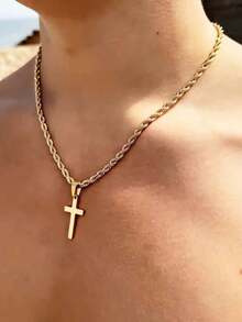 2 piezas Conjunto de collar y pulsera con colgante de cruz de acero inoxidable, chapado en oro de 18K, conjunto de joyas de cadena retorcida minimalista, adecuado para hombres y mujeres - Dorado - Ver 2