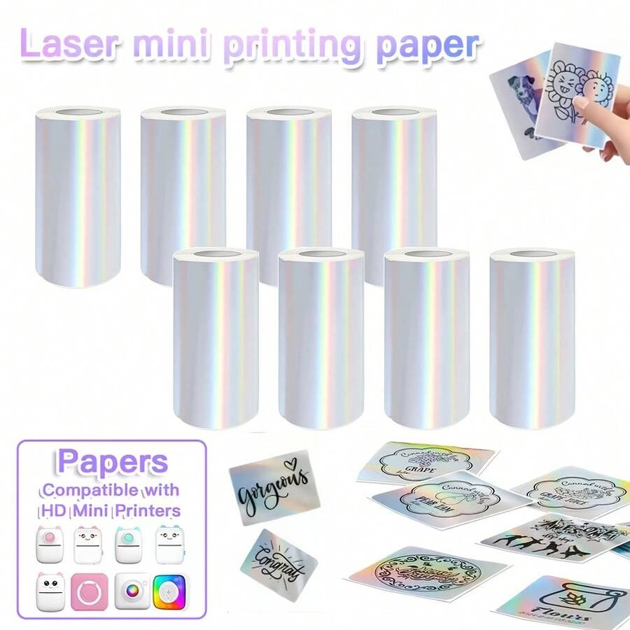 3-6 Roll Holographic Silvery Thermal Label Paper, Self-Adhesive Mini Laser Stickers For Glitter Labels/Thank You Cards, Compatible With Mini Pocket Printers - View 1