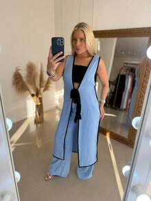 Lorenna Maiia Conjunto Cardigan Longo Kimono Feminino Colete - Azul - Visão 7