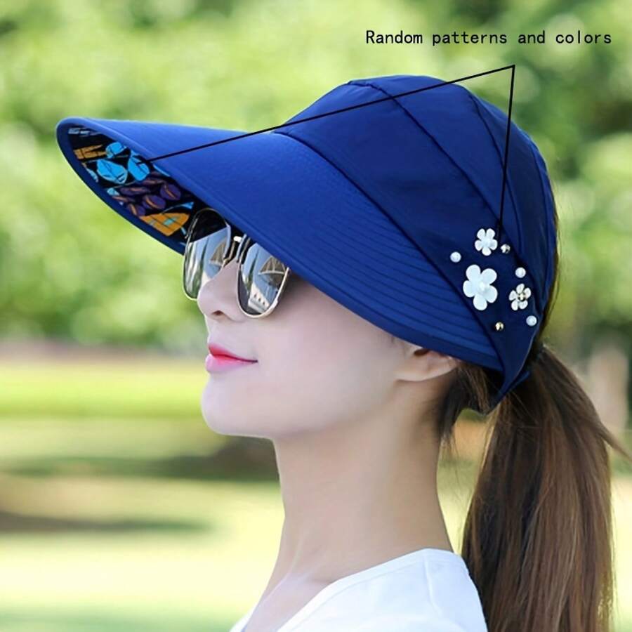 Women's Wide-Brim Sun Hat With Faux Pearls And Floral Decorations - Foldable Beach And Picnic Hat, Lightweight And Breathable, Suitable For Outdoor Activities, All-Season Sun Hat, Picnic Headwear, Fashionable Headwear, Durable Headwear - 黑色 - 查看 1