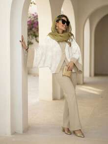 2pcs Colorblock Jacquard Pattern Elegant Top + Wide Leg Pants Set, Suitable For High-End Hotel Leisure Occasions, Autumn/Winter Spring - Apricot - View 3