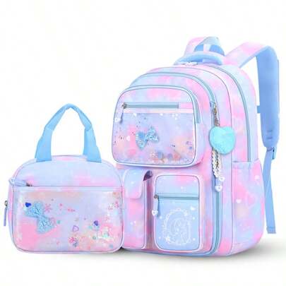 2pcs/Set Ombre Color Backpack, Sweet & Cute Princess Style, Lightweight Soft Shell Large Capacity, Multi-Compartment Design For Weight Reduction, Fashionable New Refrigerator-Shaped Ergonomic Princess Backpack, Suitable For Ladies