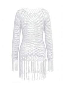 Áo khoác ngoài tay dài dáng rộng, thoải mái, có tua rua, dành cho nữ, kiểu dáng thường ngày. - trắng - Xem 6