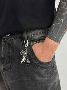 1Pc Cool Gothic Cyber Punk Style Alloy Acrylic D20 Dice Star Charm Keychain Pants Chain Men Streetwear Party/Daily Versatile Accessory - Black - View 2