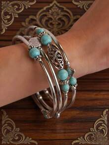 1pc Bohemian Style Wrapped Natural Stone Multilayer Bracelet, Personalized Coil Bracelet Suitable For Women - Baby Blue - View 1