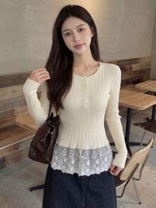 甜美修身V领针织开衫，优雅春夏外套 - 杏色 - 查看 5