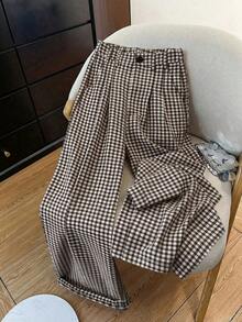 Plus Size Women's Plaid Wide Leg Pants, Suitable For Casual, Daily, Commute, Office, And Holiday Wear Spring - Mocha Brown - View 1