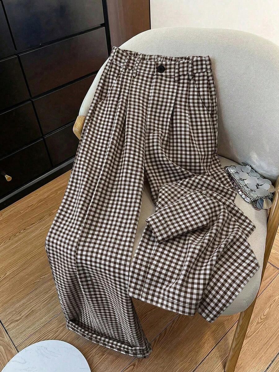Plus Size Women's Plaid Wide Leg Pants, Suitable For Casual, Daily, Commute, Office, And Holiday Wear Spring - Mocha Brown - View 1
