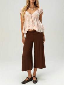 Women's Fold Over Waist Capri Fashionable Casual Solid Color Low Rise Wide Leg Crop Pants - 深棕色 - 查看 4
