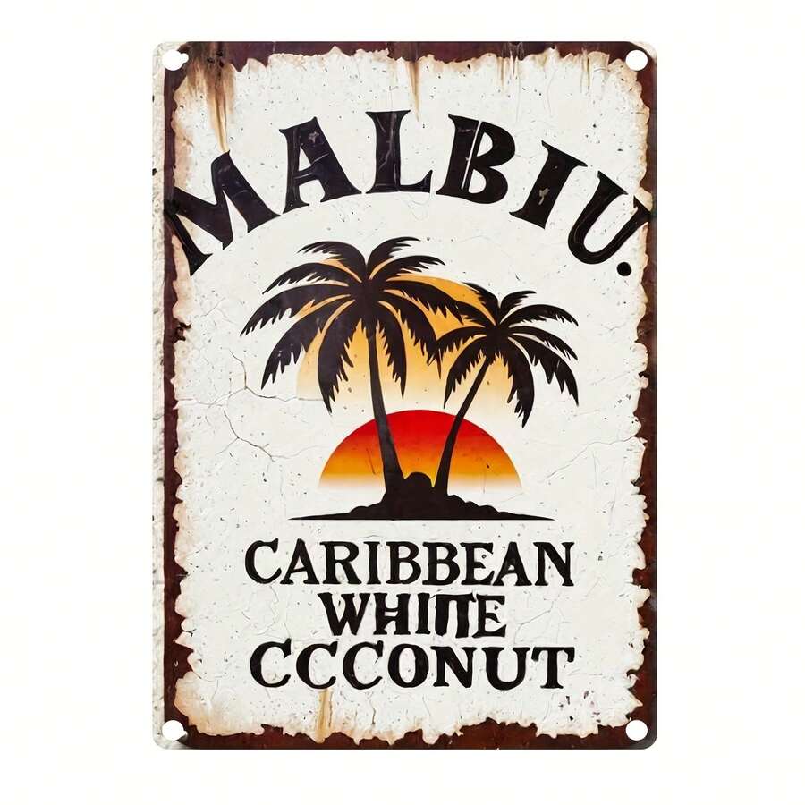 2D Flat - 2D Retro Malibu Caribbean White Coconut Metal Sign - Rustic Tropical Palm Trees And Sunset Wall Art, 20.32X30.48 Cm Iron Desert Decor For Beach Decoration, Suitable For Home - 單件 - 查看 1