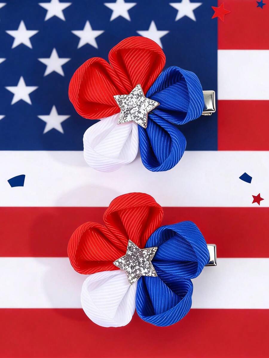 2pcs/Set 4th Of July Patriotic Style Girls Red White Blue Glitter Hair Clips, Independence Day Bow, Alligator Clips, Floral, Star Pattern Hair Accessories, Holiday Party Decorations For Teens - Multicolor - View 1