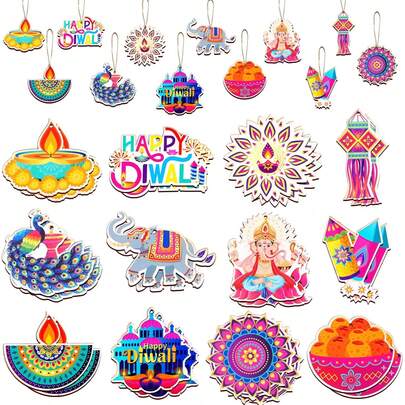 12/24/36件套快乐排灯节装饰木制挂件，排灯节木制镂空装饰品带绳，适合主题节日灯饰派对，排灯节礼物吊坠
