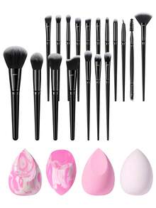 22PCS Makeup Tools Set Including:18PCS Makeup Brush Set+4PCS Makeup Sponges - Black - View 1