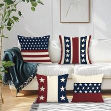 4pcs Independence Day Red & White Striped Star Pattern 4-Piece Set, Single-Sided Printed Throw Pillow Covers, Suitable For Living Room Sofa Bedroom, Pillow Inserts Not Included - Multicolor - View 10