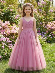 Flower Girls Spaghetti Strap Tulle Dress Long A Line Wedding Pageant Dresses Princess Birthday Party Ball Gown - 藕粉色 - 查看 1