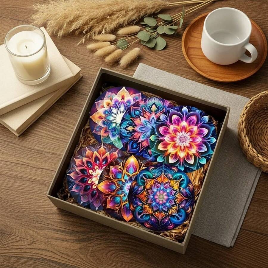 Set de 6 posavasos de madera con diseño de mandala colorido - 10*10cm, adecuados para café, té y bebidas - perfectos para proteger las superficies de las mesas, decoración del hogar, dormitorio, oficina, comedor, cocina, regalo de inauguración de casa, decoración de boda, regalo de cumpleaños, decoración de mesa, set de posavasos, posavasos para bebidas, posavasos para el hogar, disponible en 1 set, 2 sets o 3 sets - Multicolor - Ver 1