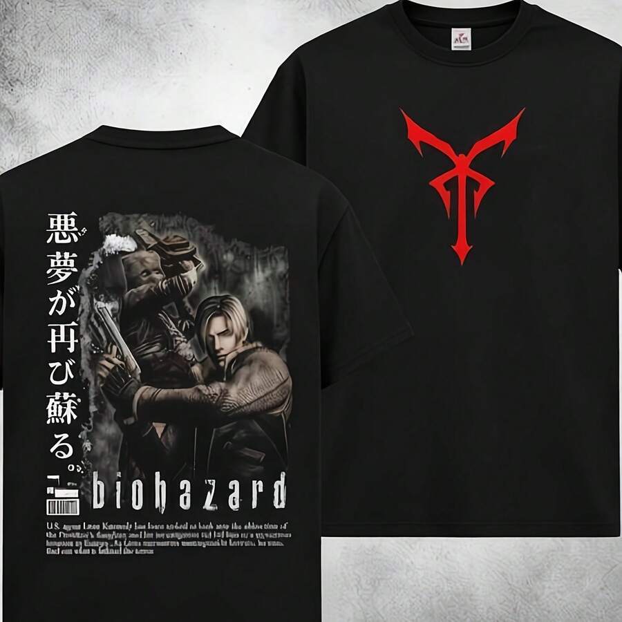 Resident Evi:L Unisex Washed T-Shirt, Leon Kennedy T-Shirt, Retro Resident Evi:L Graphic, Gamer Gift - 黑色 - 查看 1