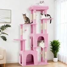 Torre de Gatos Multinivel de 61 Pulgadas para Gatos Grandes y Maine Coons | Plataforma Extragrande, 2 Condominios Espaciosos, Postes de Rascar de Sisal Resistentes y Juguetes, Parque de Juegos Moderno Estable - Rosa - Ver 6