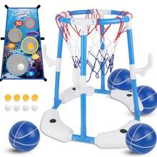 3-in-1 Pool Basketball Hoop Set Floating Pool Toys with Rings Balls Toss Games Pump Outdoor Summer Basketball Game at Swimming Poolside for Ages 4-12 Adults Family Fun - Azul - Ver 2