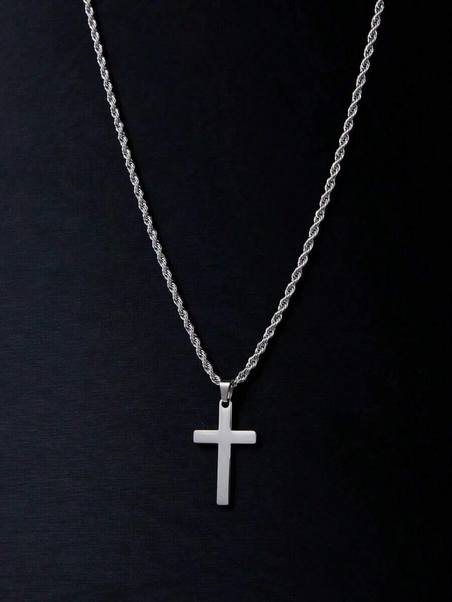 1pc New Arrival Stylish Stainless Steel & Titanium Steel Men's Cross Pendant Necklace, Braided Chain, Suitable For Daily Wear And As A Gift - 黑色 - 查看 1